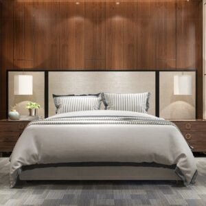 luxury bedroom suite in hotel with wood wardrobe and king size bed
