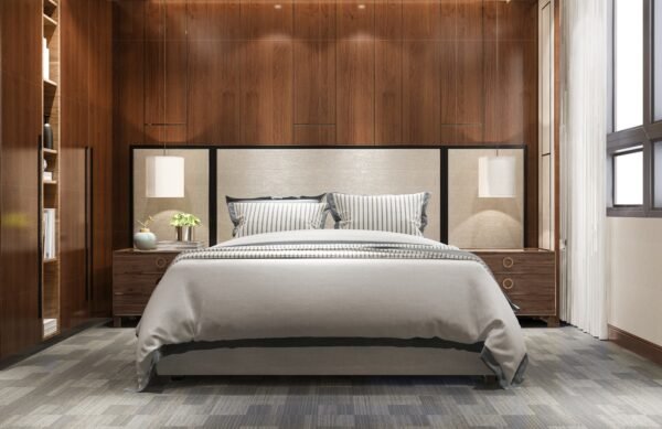 luxury bedroom suite in hotel with wood wardrobe and king size bed